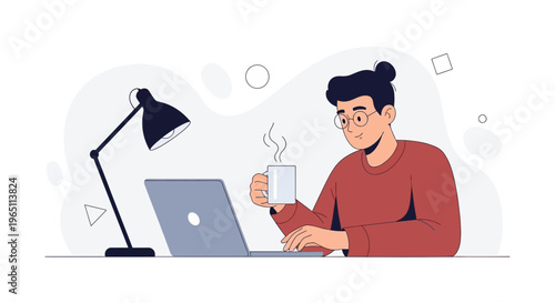 Man working on laptop with coffee, modern flat illustration