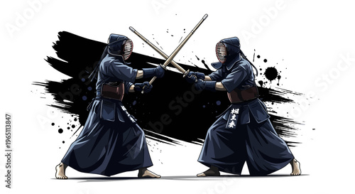 Two samurai warriors in blue uniforms sparring with swords against a black brush stroke background