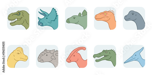 Various dinosaur heads in a collection of colorful illustrations, showcasing different species with distinct features and expressions, perfect for educational or child-friendly content.