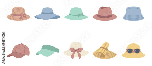 Various stylish summer hats and caps collection featuring different designs and colors perfect for beach vacations and sunny outdoor activities.