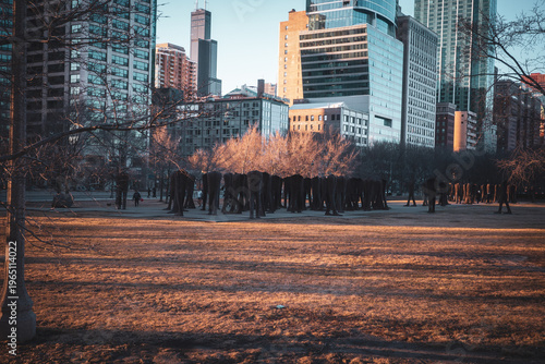 Chicago Skyline at Sunset With Agora Sculpture in Urban Park and Winter Trees