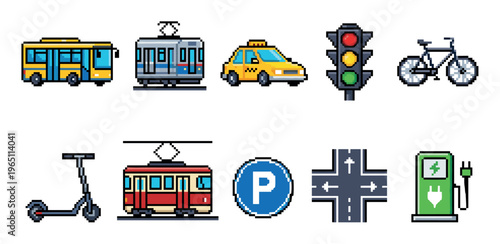 Pixel art transportation icons representing various urban vehicles and infrastructure elements like buses, taxis, trams, bikes, scooters, traffic lights, and charging stations for modern city life.