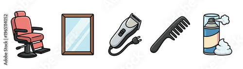 Barbershop tools and equipment collection features essential items like a chair, mirror, clipper, comb, and shaving cream in a charming cartoon style illustration.