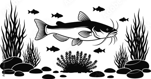 Catfish silhouette underwater scene with aquatic plants rocks and fish wildlife vector illustration monochrome design