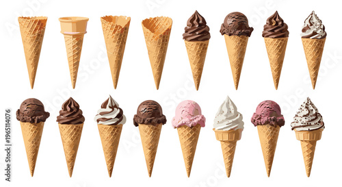 Ice Cream Cone Collection with Different Flavors and Toppings for Desserts, Ice Cream Shops, and Food Branding Designs