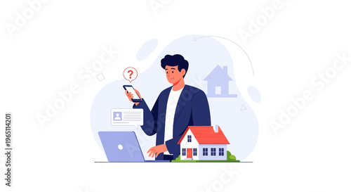 Man with smartphone and laptop near house model, real estate concept