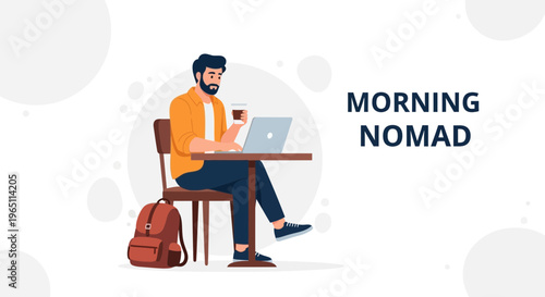 Young Man Working Remotely in Cafe with Laptop and Coffee, Morning Nomad Concept