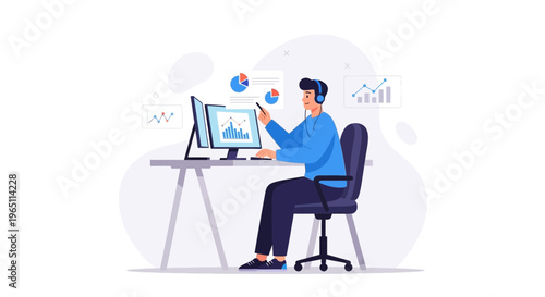 Man working at desk with multiple computer screens showing financial charts and graphs