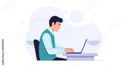 Lawyer working on laptop with scales of justice in background, legal concept
