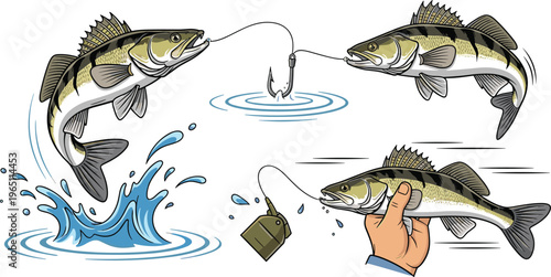 Fishing Vector Collection with Jumping and Caught Bass, Hooks, Hand Holding Fish, and Water Splash Illustrations for Digital, Outdoor, Educational, and Recreational Designs
