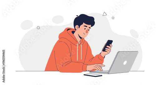 Young man in orange hoodie using laptop and smartphone, modern flat illustration