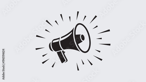 A black and white illustration of a megaphone with lines radiating from it, symbolizing loudspeaker and announcement