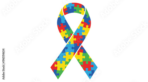 Colorful satin puzzle ribbon as symbol autism awareness. Isolated vector illustration on white background