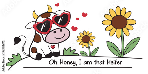 Funny heifer cow with heart sunglasses and sunflower vector graphic