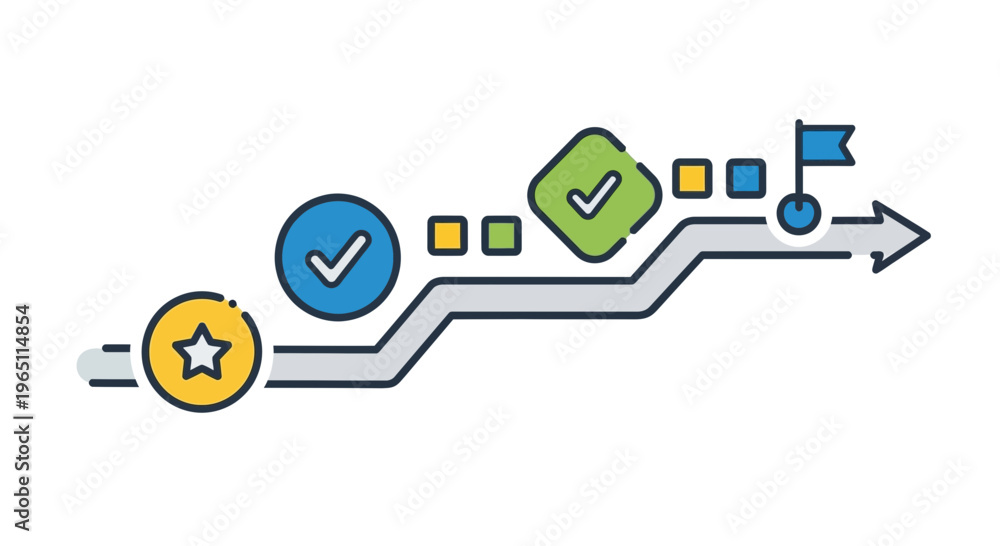 Fototapeta premium Abstract path with checkmarks leading to a goal flag.
