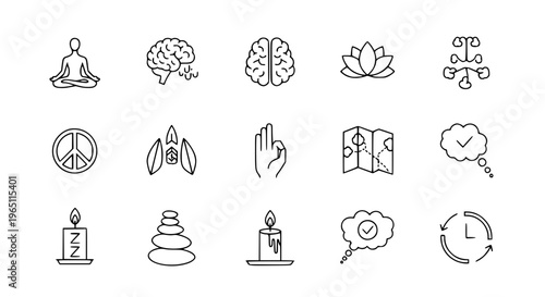 Minimal mindfulness outline icon set with meditation, stress relief, and peace symbols