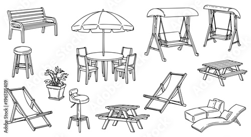 Detailed garden furniture outline icon set with outdoor patio seating and decor illustrations