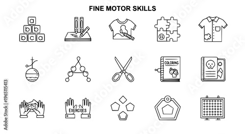 Minimal fine motor skills outline icon set with kids development and childhood activity symbols