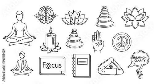 Detailed mindfulness outline icon set with meditation, stress relief, and relaxation illustrations