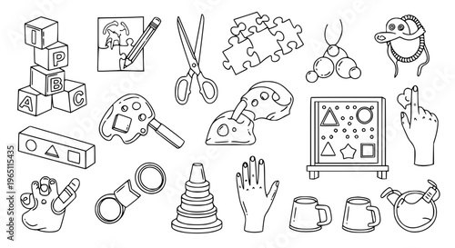 Detailed fine motor skills outline icon set with kids learning, childhood play, and hand coordination illustrations