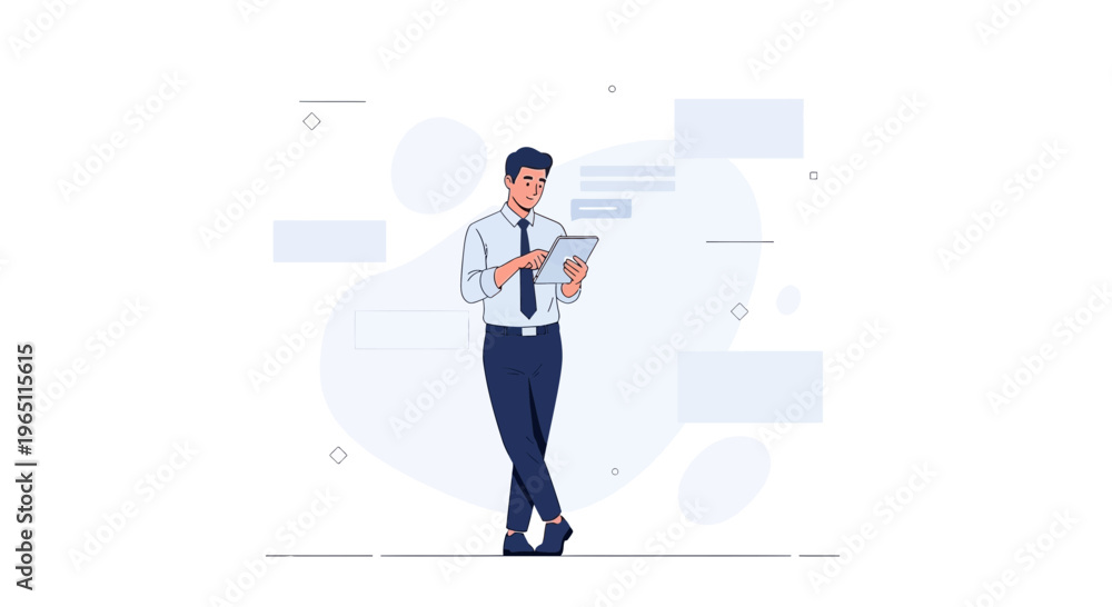 Obraz premium Business man using tablet, modern flat design, communication concept, light blue background
