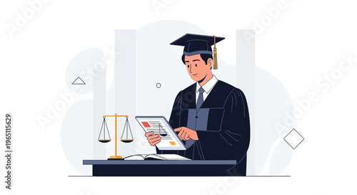 Lawyer in Graduation Gown with Tablet and Scales of Justice