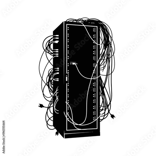 Tech Silhouette of a Large Computer Server Rack with Cables Data Hosting Concept