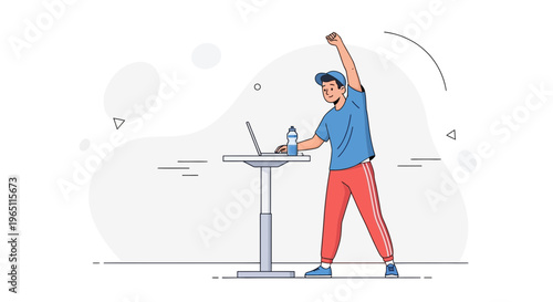 Man stretching while working at a standing desk, healthy lifestyle, remote work, fitness