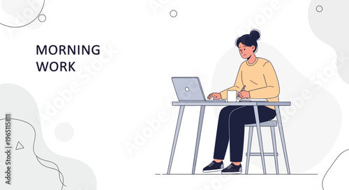 Woman working on laptop at desk in morning, remote work, home office, focused study