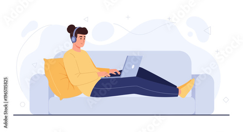 Man with headphones working on laptop on sofa, relaxing at home, remote work concept