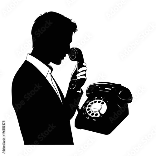 Vintage Silhouette of a Person Dialing a Classic Rotary Telephone Communication