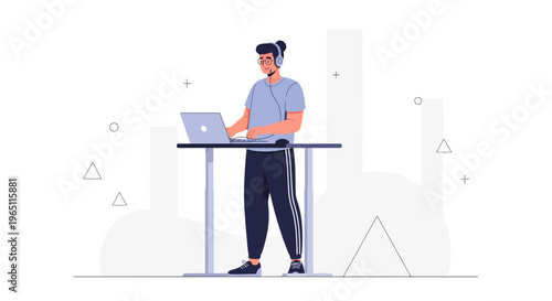 Man working on laptop at standing desk with headphones, modern office, minimalist design