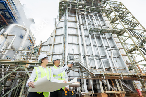 Male and female engineers meticulously observe the industrial structures in power plants, using blueprints to report their findings and maintain the power generation systems efficiently.