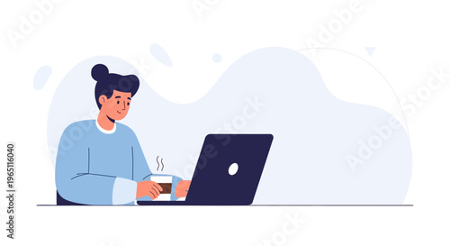 Young person drinking coffee while working on a laptop, modern flat illustration