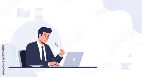 Businessman working on laptop and drinking coffee, modern office, business concept