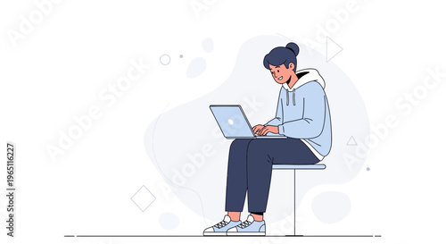 Young person in hoodie using laptop while sitting on stool, modern flat illustration