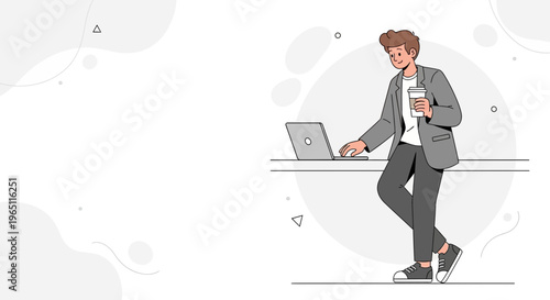 Young man in casual business attire working on laptop with coffee cup