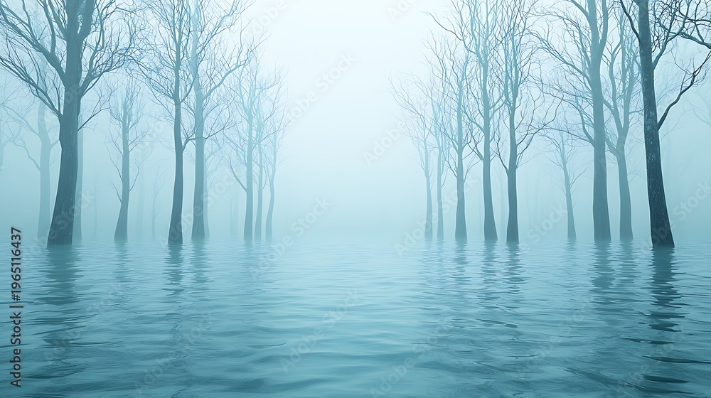 Fototapeta premium Ethereal Landscape with Leafless Trees in Misty Water Surrounded by Soft Fog