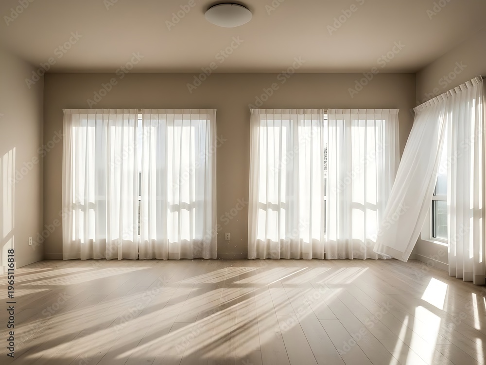 Fototapeta premium Bright and airy interior with flowing curtains and sunlit parquet floor
