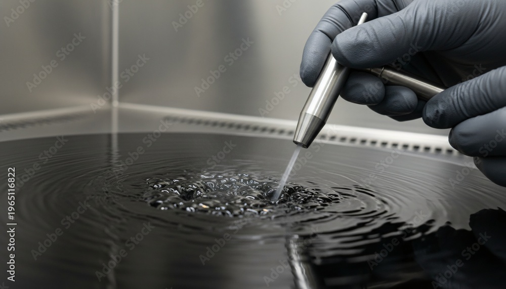 Fototapeta premium Gloved Hand Pipetting Liquid onto Dark Surface in Laboratory