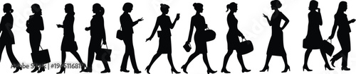 Business women silhouettes walking with handbags and smartphones, professional female people collection in different poses isolated vector illustration set