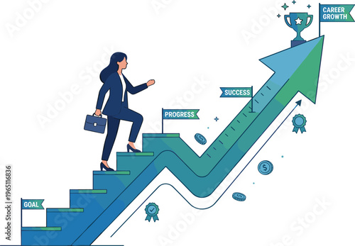 Career growth concept with businesswoman climbing steps toward success, achieving goals, professional progress, financial growth, and upward business performance trajectory