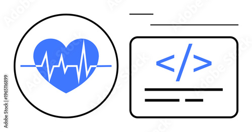 Healthcare technology, medical coding, telemedicine, digital health, software development, diagnostics. Heartbeat symbol paired with a coding icon. Healthcare technology and medical coding focus