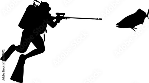 Silhouette of a Scuba Diver Spearfishing a Mahi Mahi Fish Isolated on White Background