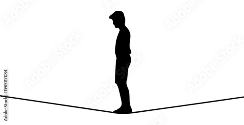 Silhouette of a man balancing on a tightrope against a white background representing risk and challenge