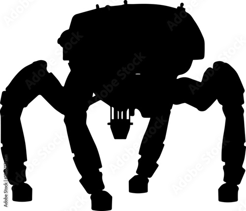 Black Silhouette of a Four Legged Futuristic Spider Tank Robot Walker Mech Science Fiction Military Vehicle Vector Illustration