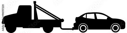 Black Silhouette of a Tow Truck Towing a Broken Down Car Isolated on White Background