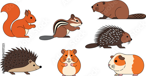 Cute Small Mammal Vector Set Featuring Squirrel, Chipmunk, Beaver, Hedgehog, Porcupine, Hamster, and Guinea Pig for Wildlife, Cartoon, Kids, and Educational Animal Designs