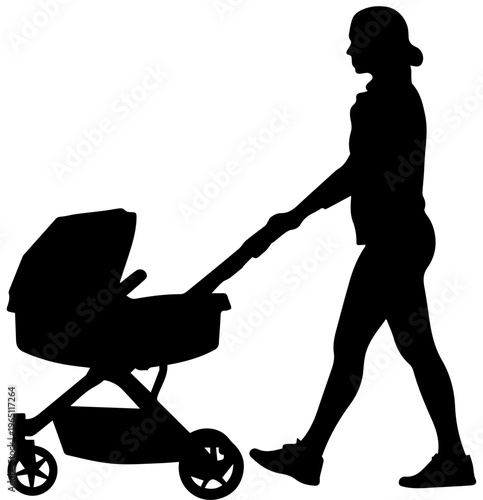 Black silhouette of a mother walking and pushing a baby stroller isolated on a white background