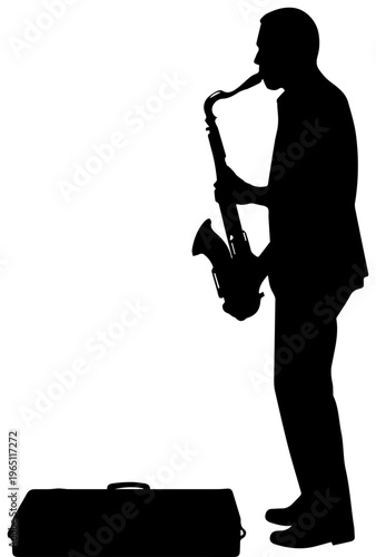 Black silhouette of a male musician playing the saxophone with an instrument case on the floor isolated on white background